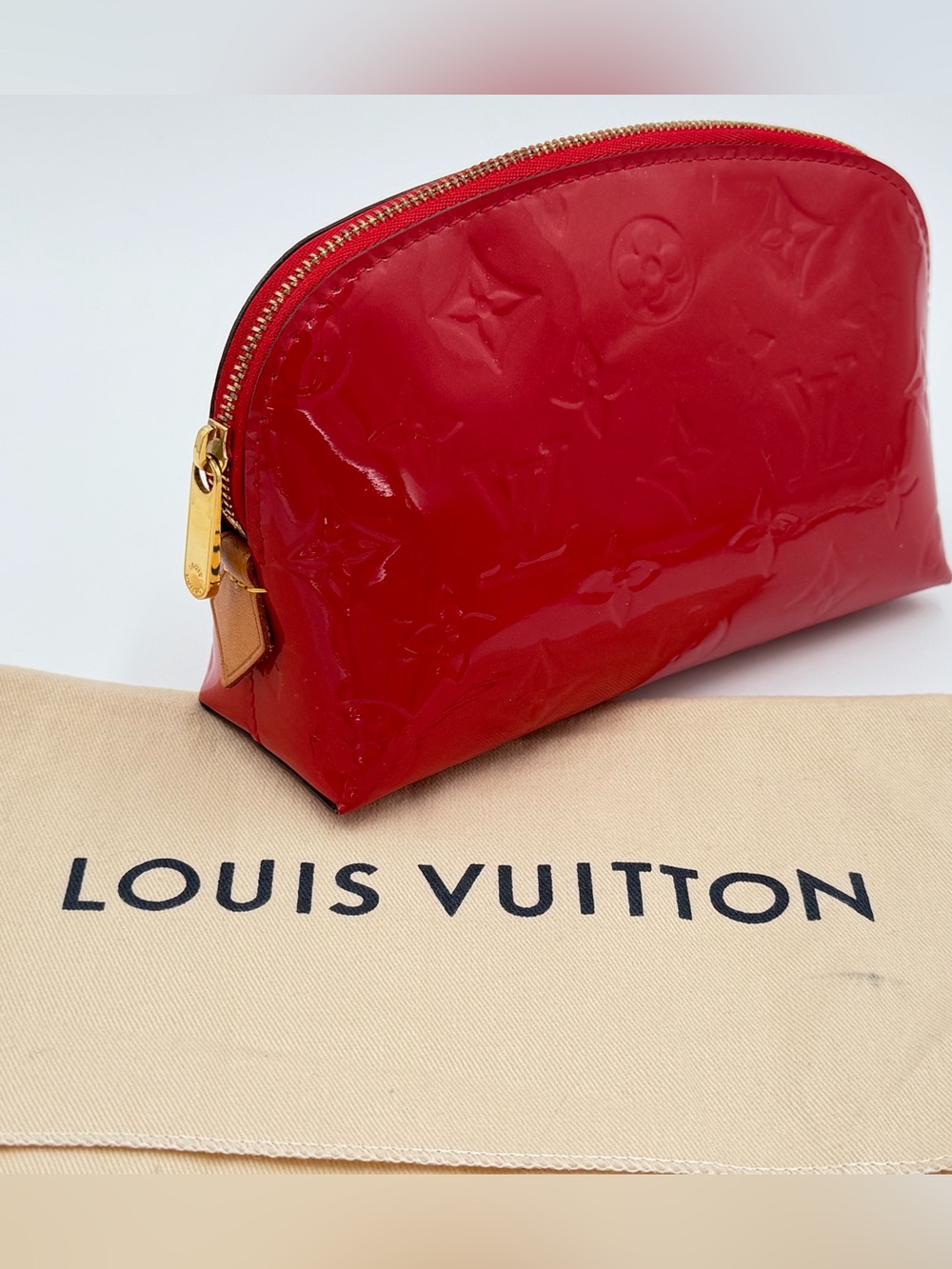 Louis Vuitton Red Vernis Monogram Cosmetic Pouch with Dust Bag and Entrupy COA